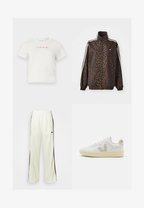 Leopard print zip jacket in brown and black, featuring white side stripes, high collar, and elastic cuffs and hem. Smooth, synthetic material.; White cotton t-shirt with short sleeves and a crew neckline, featuring a pink logo "roxy" printed on the front. Regular fit design.; Cream-colored sweatpants with a relaxed fit, featuring dark brown side stripes and an embroidered logo on the left thigh.; White leather sneaker with beige suede accents, perforated toe box, flat laces, and a textured cream sole. Features subtle branding on heel.
