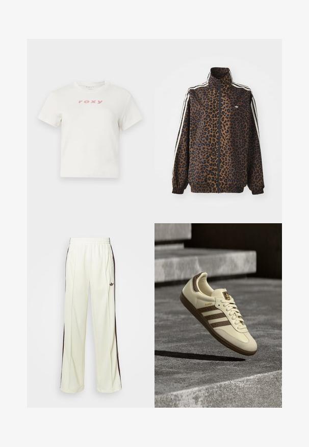 Jakna s uzorkom leoparda u smeđoj i crnoj boji, s bijelim bočnim trakama, visokim okovratnikom i elastičnim manžetama i rubom. Glatki, sintetički materijal.; Bijela pamučna majica kratkih rukava s okruglim izrezom, na prednjoj strani ima ružičasti logo "roxy". Redovni kroj.; Kremaste trenerke s opuštenim krojem, s tamno smešnim bočnim prugama i izvezenim logom na levom bedru.; Tenisica krem boje sa smeđim detaljima, teksturiranim bočnim prugama i glatkom kožnom završnom obradom. Ima pertlanje i gumeni potplat.