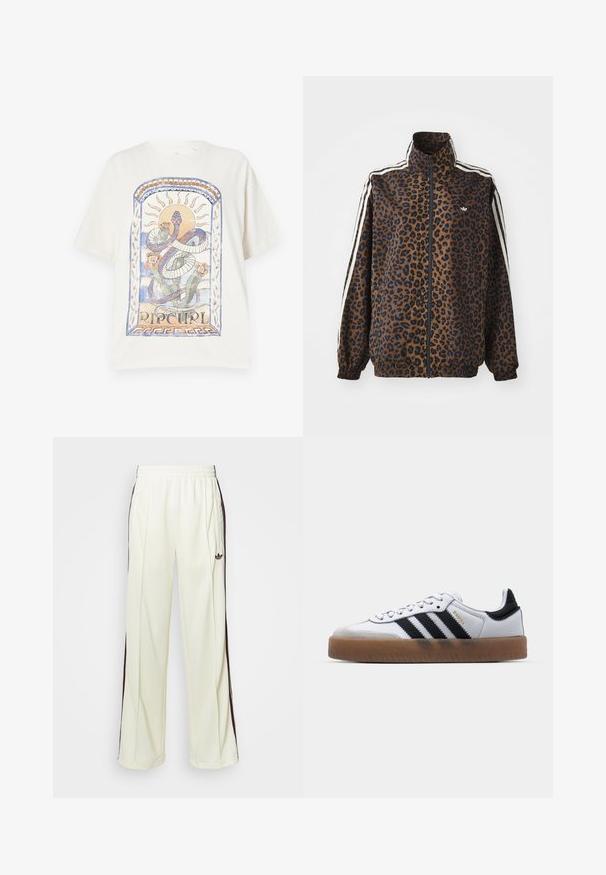Jachetă cu imprimeu leopard în nuanțe de brun și negru, cu dungi albe pe laterale, guler înalt și manșete și tiv elastic. Material sintetic neted.; Tricou din bumbac crem, cu un design grafic colorat ce înfățișează un șarpe, soare și flori în nuanțe de albastru și portocaliu, având textul "RIP CURL."; Pantaloni sport de culoare crem, cu o croială lejeră, având dungi laterale de culoare maro închis și un logo brodat pe coapsa stângă.; Adidași din piele albă cu dungi negre, talpă din cauciuc, vârf rotund, sistem de închidere cu șireturi și capac de vârf din nubuc gri moale.