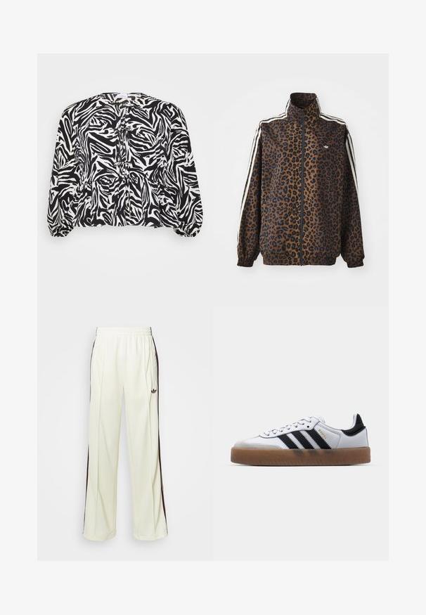 Lepardmønstret zip-jakke i brun og sort, med hvide sidelister, høj krave og elastiske manchetter og kant. Glat, syntetisk materiale.; Blomstermønstret bluse i sort og hvit med peplumslutt, plisserte detaljer, rund hals og lange pufferm. Myk tekstur.; Kremfargede joggebukser med en avslappet passform, som har mørkebrune sidestriper og en brodert logo på venstre lår.; Hvite lær sneakers med svarte striper, gummisåle, rund tå, snøring, og myk grå semsket tåhette.