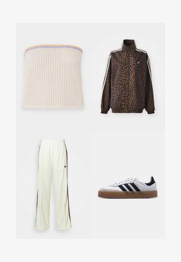 Svetřík se zebrovaným potiskem v hnědé a černé barvě, s bílými postranními pruhy, vysokým límcem a elastickými manžetami a lemem. Hladký syntetický materiál.; Krémová pletená top bez ramínek s žebrovanou strukturou. Ozdobený žlutým, fialovým a modrým zakončením. Obsahuje malé kovové logo značky.; Krémové tepláky s uvolněným střihem, se šněrováním v tmavě hnědé barvě na bocích a vyšitým logem na levém stehně.; Bílé kožené tenisky s černými pruhy, gumová podrážka, kulatá špička, šněrovací uzávěr a měkký šedý semišový kryt špičky.