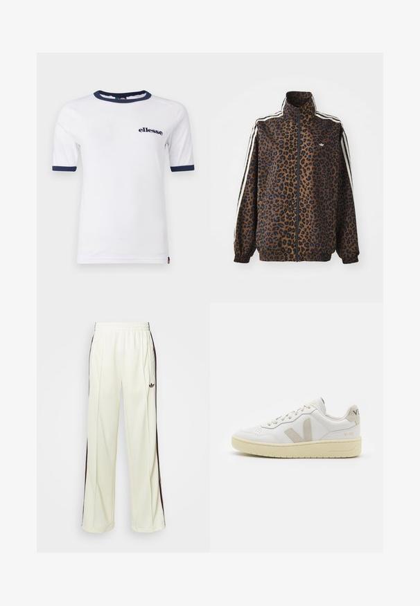 Svetřík se zebrovaným potiskem v hnědé a černé barvě, s bílými postranními pruhy, vysokým límcem a elastickými manžetami a lemem. Hladký syntetický materiál.; Bílý tričko s kulatým výstřihem a krátkými rukávy. Má tmavě modrý lem na výstřihu a rukávech. Obsahuje malé logo "ellesse" na přední straně.; Krémové tepláky s uvolněným střihem, se šněrováním v tmavě hnědé barvě na bocích a vyšitým logem na levém stehně.; Bílé kožené tenisky s béžovými semišovými akcenty, perforovanou špičkou, plochými tkaničkami a strukturovanou krémovou podešví. Obsahují jemné logo na patě.