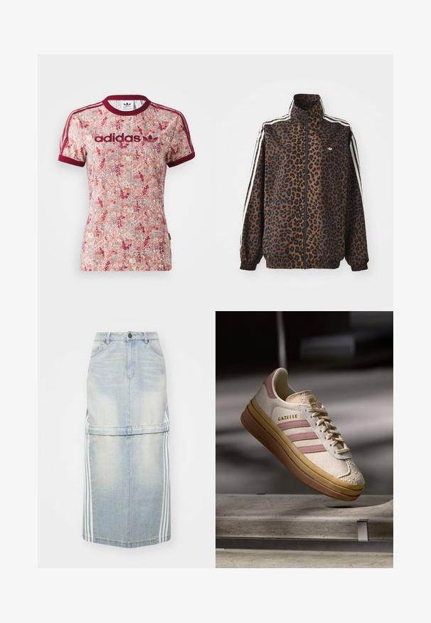 Svetřík se zebrovaným potiskem v hnědé a černé barvě, s bílými postranními pruhy, vysokým límcem a elastickými manžetami a lemem. Hladký syntetický materiál.; Tričko Adidas s květinovým vzorem v odstínech červené a smetanové, bordó žebrovaný límeček a rukávy, s logem Adidas v bordó barvě.; Džínová midi sukně v světle modré barvě, s bočními pruhy, přiléhavým pasem a předními kapsami. Odloupaná textura přidává detail.; Bílé semišové tenisky s růžovými akcenty, s třemi pruhy a zlatým logem. Texturovaný špičkový kryt a hnědá gumová podrážka. Klasický design.