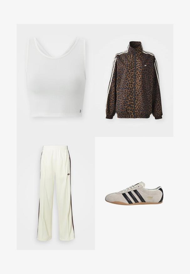 Veste zippée imprimée léopard en marron et noir, avec des rayures blanches sur les côtés, un col montant et des poignets et un ourlet élastiques. Matière synthétique lisse.; Top court blanc avec un tissu texturé, décolleté arrondi et un design à dos superposé avec un petit logo accentué sur le côté.; Pantalons de survêtement couleur crème avec une coupe décontractée, présentant des rayures latérales marron foncé et un logo brodé sur la cuisse gauche.; Sneakers en suède avec un dessus gris, des rayures noires et une semelle en caoutchouc couleur gomme. Dotées d'un système de laçage et d'un détail logo doré sur le côté.