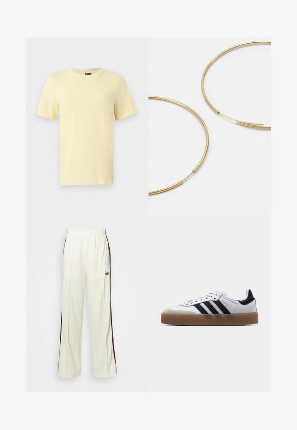 Jasje met luipaardprint in bruin en zwart, met witte zijstrepen, hoge kraag en elastische manchetten en zoom. Gemaakt van glad, synthetisch materiaal.; Geel T-shirt met korte mouwen, gemaakt van zachte katoen, met een ronde halslijn. Het heeft een gladde textuur en geen zichtbare patronen of accenten.; Crème-kleurige sweatpants met een relaxte pasvorm, voorzien van donkerbruine zijstrepen en een geborduurd logo op de linkerdij.; Witte leren sneakers met zwarte strepen, gumrubberen buitenzool, ronde neus, vetersluiting en een zachte grijze suède neuskap.; Gouden oorringen, dun en rond van vorm, met een gladde metallic afwerking en zonder versieringen of patronen.