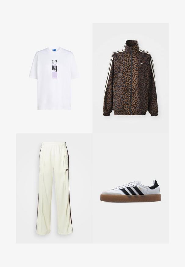 Kamelikuvioinen vetoketjuntakki ruskeana ja mustana, jossa on valkoiset sivuraitat, korkea kaulus sekä joustavat hihansuut ja helma. Sileä, synteettinen materiaali.; Valkoinen puuvillapaita pyöreällä kaula-aukolla, jonka keskiössä on suorakulmainen musta ja laventelin värinen graafinen painatus. Lyhyet hihat.; Kermanväriset collegehousut rentossa leikkauksessa, joissa on tummanruskeat sivuraidat ja brodattu logo vasemmassa reisissä.; Valkoiset nahkakengät, joissa on mustat raidat, kumipohja, pyöreä varvas, nauhakiinnitys ja pehmeä harmaa mokkanahkakärki.