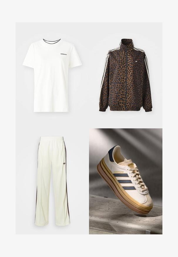 Chaqueta con estampado de leopardo en marrón y negro, con franjas laterales blancas, cuello alto y puños y dobladillo elásticos. Material sintético suave.; Camiseta de algodón blanca con manga corta y escote redondo. Presenta un logo negro de Adidas en el pecho y un cuello interior negro en contraste.; Pantalones de chándal color crema con un corte relajado, que cuentan con rayas laterales marrón oscuro y un logo bordado en el muslo izquierdo.; Zapatilla Adidas Gazelle con parte superior de ante crema, acentos de cuero azul, tres rayas azules, media suela beige y suela de goma marrón.