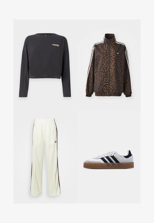 Jakna s uzorkom leoparda u smeđoj i crnoj boji, s bijelim bočnim trakama, visokim okovratnikom i elastičnim manžetama i rubom. Glatki, sintetički materijal.; Skraćena majica dugih rukava u tamnosivoj boji od pamuka, s malim, višebojnim Rip Curl logotipom na prsima i opuštenim krojem.; Kremaste trenerke s opuštenim krojem, s tamno smešnim bočnim prugama i izvezenim logom na levom bedru.; Bijele kožne tenisice s crnim prugama, gumenim potplatom, okruglim vrhom, vezivanjem i mekanim sivim nubuk vrhom.