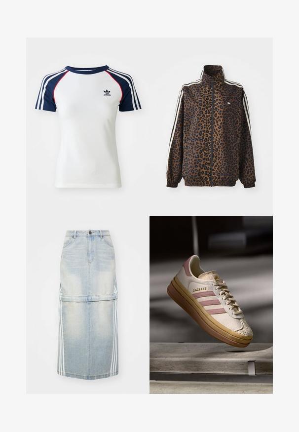 Svetřík se zebrovaným potiskem v hnědé a černé barvě, s bílými postranními pruhy, vysokým límcem a elastickými manžetami a lemem. Hladký syntetický materiál.; Bílá bavlněná tričko s námořnickými modrými raglánovými rukávy, se třemi bílými pruhy a malým černým logem Adidas na hrudi. Červené detaily.; Džínová midi sukně v světle modré barvě, s bočními pruhy, přiléhavým pasem a předními kapsami. Odloupaná textura přidává detail.; Bílé semišové tenisky s růžovými akcenty, s třemi pruhy a zlatým logem. Texturovaný špičkový kryt a hnědá gumová podrážka. Klasický design.