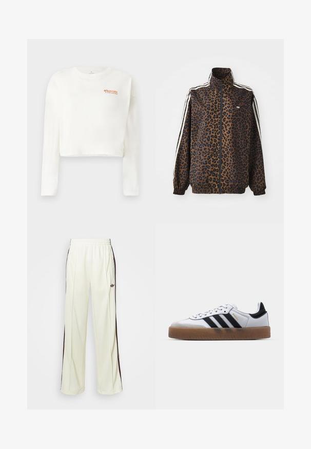 Rudų ir juodų leopardų rašto zip užtrauktuku užsegama striukė, su baltomis šoninėmis juostelėmis, aukšta apykakle ir elastingomis rankogalių bei apačios juostomis. Lygus sintetinis audinys.; Balta ilgomis rankovėmis trumpa marškinėliai, pagaminti iš minkštos medžiagos, su oranžiniu logotipu ant kairio krūtinės ir laisvu siluetu bei tiesia apatiniam kraštu.; Kreminės spalvos laisvos kelnės, turinčios tamsiai rudas šonines juostas ir išsiuvinėtą logotipą kairiajame šlaunyje.; Baltos odinės sportiniai batai su juodomis juostelėmis, guminė išorė, apvalus pirštas, raišteliai, ir minkštas pilkas zomšinės odos pirštų dangtelis.