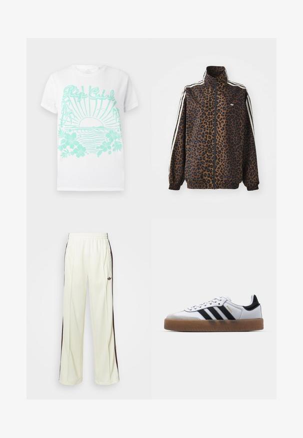 Leopardenmuster-Reißverschlussjacke in Braun und Schwarz, mit weißen Seitenstreifen, hohem Kragen und elastischen Bündchen und Saum. Glattes, synthetisches Material.; Weißes T-Shirt mit kurzen Ärmeln und türkisfarbenem Aufdruck einer Sonne, die über den Wellen des Ozeans untergeht, mit Palmen, Hibiskusblüten und dem Text "Rip Curl".; Cremfarbene Jogginghosen mit lockerer Passform, ausgestattet mit dunkelbraunen seitlichen Streifen und einem gestickten Logo auf dem linken Oberschenkel.; Weiße Leder Sneakers mit schwarzen Streifen, Gummigummi-Außensohle, runder Zehenform, Schnürverschluss und weichem grauem Wildleder-Zehenkappe.