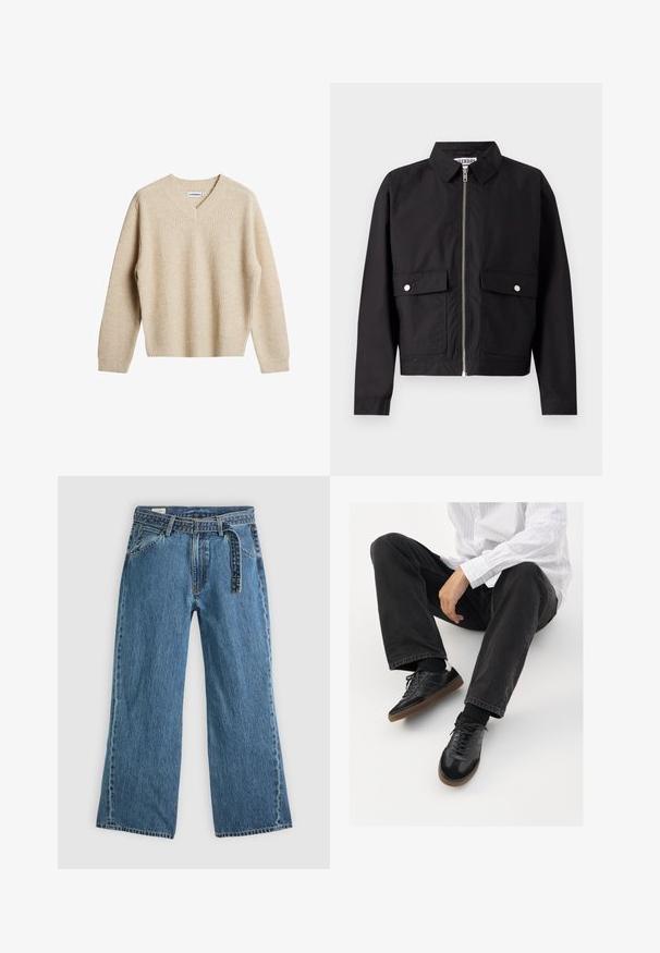 Black jacket with a zip front, short collar, and two front pockets. The fabric appears smooth and water-resistant. Simple design, no patterns.; Beige, ribbed knit sweater with a V-neck and long sleeves. Features a relaxed fit and textured fabric for added warmth and comfort.; Blue denim wide-leg jeans with attached belt, front pockets, and visible stitching on a plain light background.; Black sneakers with a smooth and textured upper, featuring a rubber sole and dark laces. Paired with black jeans and a white striped shirt.