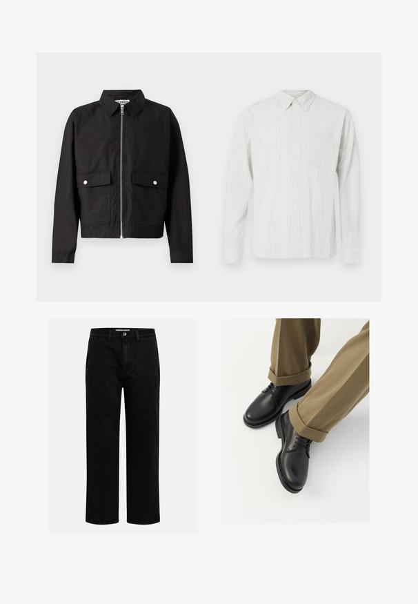 Black jacket with a zip front, short collar, and two front pockets. The fabric appears smooth and water-resistant. Simple design, no patterns.; Long-sleeve button-up shirt in light gray with a textured check pattern, a front pocket, and a classic collar. Made from woven fabric.; Black denim pants with a straight-leg cut, classic five-pocket design, and a button closure at the waist. Smooth texture and durable fabric.; Black leather dress shoes with a smooth finish, featuring laces and a rounded toe, paired with rolled-up khaki trousers.