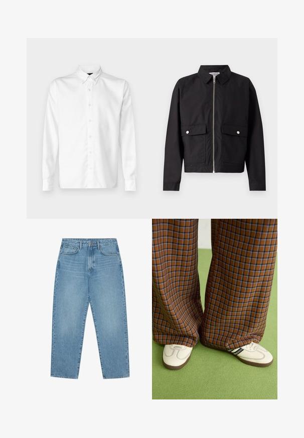 Zwarte jas met een rits aan de voorkant, korte kraag en twee voorzakken. De stof lijkt glad en waterafstotend. Eenvoudig ontwerp, zonder patronen.; Witte button-up overhemd van gladde stof, met een klassieke kraag, lange mouwen en een rechte zoom. Minimalistisch ontwerp zonder patronen.; Lichtblauwe denim wijde jeans met een hoge taille, voorzien van vijf zakken, riemlusjes en een zachte, licht vervaagde textuur.; Bruine en blauwe geruite wijde broek, gecombineerd met witte schoenen met zwarte accenten en een gestructureerde zool, gezet tegen een groene achtergrond.