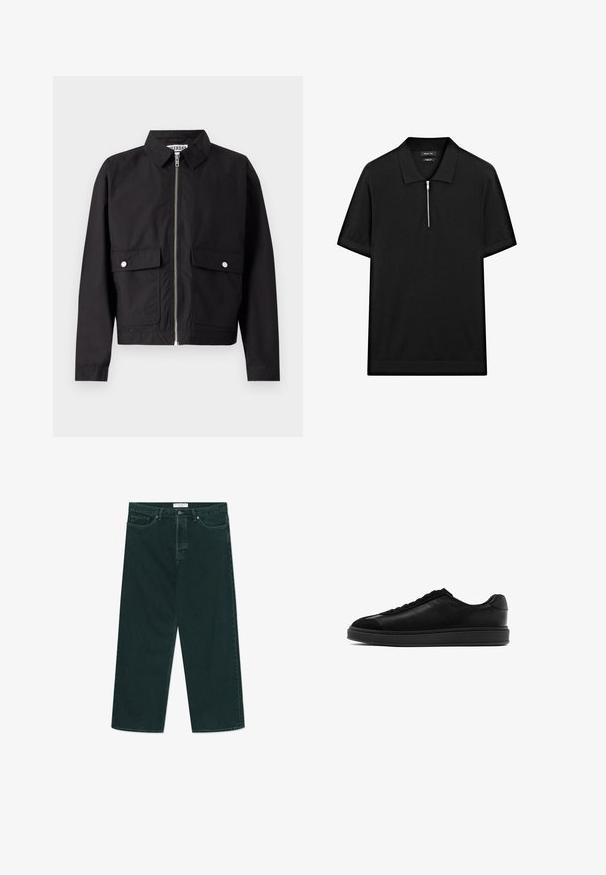 Schwarze Jacke mit Reißverschluss vorne, kurzem Kragen und zwei vorderen Taschen. Der Stoff wirkt glatt und wasserabweisend. Einfaches Design, ohne Muster.; Schwarzes kurzärmliges Poloshirt mit Stehkragen und einem Reißverschluss vorne. Hergestellt aus einem glatten Stoff mit einem klaren, minimalistischen Design.; Dunkelgrüne weit geschnittene Jeans aus Denim mit Knopf- und Reißverschluss, Fronttaschen und Gürtelschlaufen, flach auf einem weißen Hintergrund ausgelegt.; Schwarze Ledersneaker mit glatter Oberfläche, runder Zehenpartie, Schnürung vorne und einer kontrastierenden strukturierten Lasche. Dicke schwarze Gummisohle.