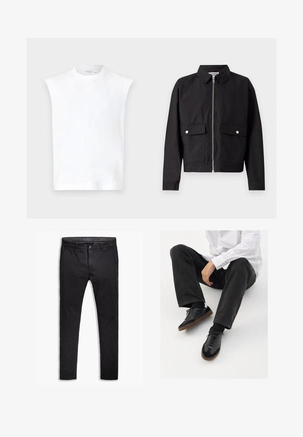 Chaqueta negra con cierre frontal, cuello corto y dos bolsillos delanteros. La tela parece suave y resistente al agua. Diseño sencillo, sin patrones.; Top blanco sin mangas con un cuello alto, material de algodón suave, forma alargada y un diseño limpio y minimalista.; Chinos de algodón negro con un ajuste entallado, que cuentan con cinco bolsillos, pasadores para cinturón y una textura suave. Cierre de cremallera con botón.; Zapatillas negras con una parte superior suave y texturizada, que cuentan con una suela de goma y cordones oscuros. Combinadas con jeans negros y una camisa blanca a rayas.