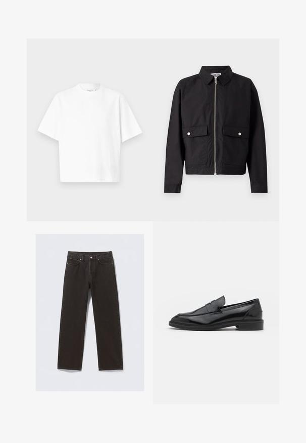 Schwarze Jacke mit Reißverschluss vorne, kurzem Kragen und zwei vorderen Taschen. Der Stoff wirkt glatt und wasserabweisend. Einfaches Design, ohne Muster.; Weißes T-Shirt aus Baumwolle mit Rundhalsausschnitt, kurzen Ärmeln, lässiger Passform und glatter Textur. Keine sichtbaren Drucke oder Grafiken.; Schwarze Jeans aus Denim mit geradem Bein, fünf Taschen und kupferfarbenen Nähten. Glatte Textur, klassischer Knopfverschluss an der Taille.; Schwarze Lederloafers mit glatter Oberfläche, runder Spitze und schmalem Riemen über dem Obermaterial. Niedriger, gestapelter Absatz.