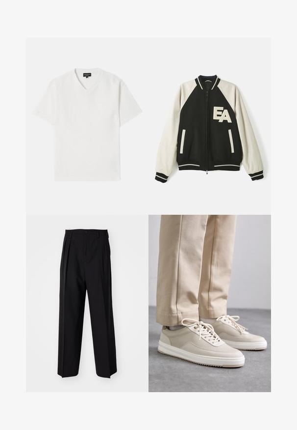 Czarna i biała kurtka varsity z kremowymi rękawami, zamek z przodu, paskowane mankiety oraz litery "EA" na lewej piersi.; Biała koszulka z krótkim rękawem i dekoltem w kształcie V, wykonana z teksturowanej tkaniny z delikatnym wzorem. Posiada małe logo na piersi.; Czarne plisowane spodnie o prostym, szerokim kroju nogawek. Wykonane z gładkiego materiału, z zapięciem na guzik i pętelkami na pasek.; Beżowe sneakersy z teksturowaną cholewką, białą podeszwą i przeszyciami, w zestawie z beżowymi spodniami, eksponowane na szarej powierzchni.