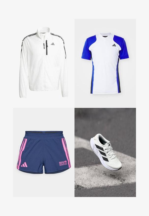 Weißer Sportjacke mit schwarzen Akzenten, mit frontaler Reißverschlusstasche, hohem Kragen und schwarzen drei Streifen-Design auf den Schultern. Hergestellt aus leichtem Material.; Kurzes Sportshirt in Weiß mit blauen Ärmeln, ausgestattet mit schwarzen seitlichen Akzenten und einem kleinen schwarzen Logo auf der Brust. Glatte Stoffoberfläche.; adidas Performance BER25 SPLIT SHORT - Kurze Sporthose - collegiate navy; Weiße Sportschuh mit strukturiertem Mesh-Obermaterial, schwarzen Streifen, Schnürverschluss und gepolstertem Sohlen, schwebt über einer markierten Straßenoberfläche.