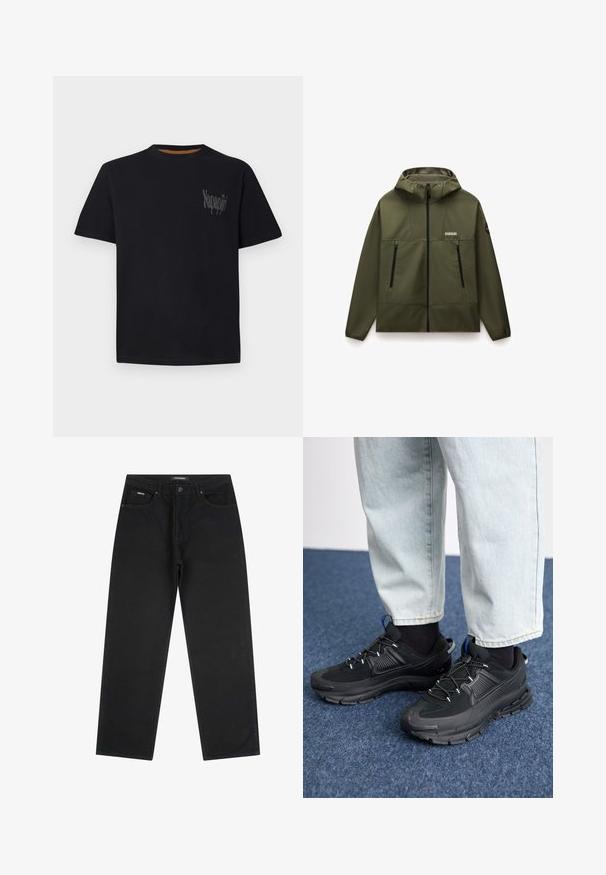 Chaqueta verde oliva con capucha, hecha de un tejido suave y flexible, que cuenta con una cremallera frontal, dos bolsillos con cremallera negra y un cuello texturizado.; Camiseta de algodón negra con cuello redondo, mangas cortas y un logo texturizado en gris en el lado izquierdo del pecho. Tejido suave con un ajuste regular.; Jeans negros de pierna recta con botón y cremallera en la parte frontal, pasadores para cinturón y diseño de cinco bolsillos, colocados en plano sobre un fondo blanco.; Zapatillas deportivas negras con tejido texturizado y suelas de goma, con cordones elásticos y un acento azul en el talón. Combinadas con pantalones de mezclilla claros.