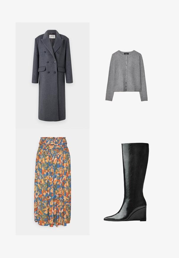 Replay JACKET - Klasický kabát - dark gray; Šedý dlouhý rukáv cardigan s knoflíky, kulatým výstřihem, žebrovanými manžetami a lemem, vystavený na bílém pozadí.; Dlouhý rukáv, top s kulatým výstřihem v krémové barvě, vyrobený z měkké látky. Disponuje rovný střihem a minimalistickým designem bez ozdob.; Květinová maxi sukně se splývavým pasem, s jasnými vzory v oranžové, zelené a modré barvě. Lehká tkanina s plisovanou texturou.; Černé kožené boty do půlky lýtek s úzkou, špičatou špičkou a klínovým podpatkem. Povrch je hladký s lesklým finišem.