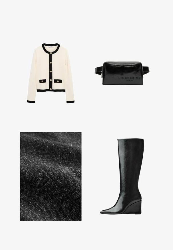 Replay JACKET - Klassischer Mantel - dark gray; Cremefarbener Cardigan mit schwarzen Akzenten. Verfügt über einen runden Ausschnitt, lange Ärmel und goldene Knöpfe. Zwei schwarze Taschen mit Klappenakzenten auf der Vorderseite.; Langärmliges T-Shirt mit Rundhalsausschnitt in Cremefarbe aus weichem Material. Verfügt über einen geraden Schnitt und ein minimalistisches Design ohne Verzierungen.; Schwarzer, strukturierter Stoff mit eingewebten helleren Fäden, der ein weiches, gewebtes Erscheinungsbild und ein dezentes, abwechslungsreiches Muster zeigt.; Knöchelhohe schwarze Lederstiefel mit schlanker, spitzer Zehenform und Wedge-Absatz. Die Oberfläche ist glatt mit einem glänzenden Finish.; Schwarze Leder-Kosmetiktasche mit glatter Oberfläche, rechteckiger Form und eingeprägtem "LIEBESKIND BERLIN"-Logo auf einer Seite. Verfügt über einen Reißverschluss.