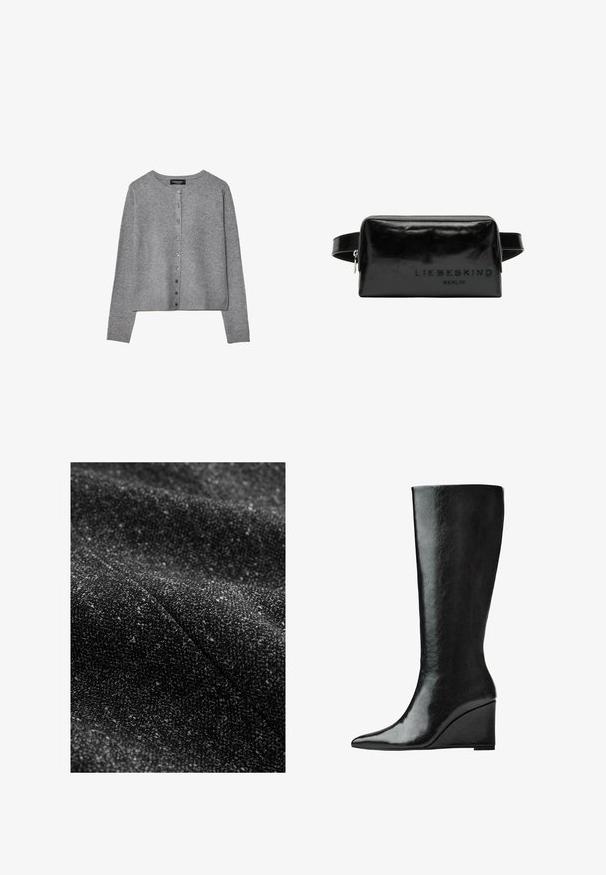 Replay JACKET - Klassischer Mantel - dark gray; Grauer langärmeliger Knopf-Cardigan mit rundem Ausschnitt, gerippten Bündchen und Saum, flach auf elfenbeinfarbenem Hintergrund ausgestellt.; Langärmliges T-Shirt mit Rundhalsausschnitt in Cremefarbe aus weichem Material. Verfügt über einen geraden Schnitt und ein minimalistisches Design ohne Verzierungen.; Schwarzer, strukturierter Stoff mit eingewebten helleren Fäden, der ein weiches, gewebtes Erscheinungsbild und ein dezentes, abwechslungsreiches Muster zeigt.; Knöchelhohe schwarze Lederstiefel mit schlanker, spitzer Zehenform und Wedge-Absatz. Die Oberfläche ist glatt mit einem glänzenden Finish.; Schwarze Leder-Kosmetiktasche mit glatter Oberfläche, rechteckiger Form und eingeprägtem "LIEBESKIND BERLIN"-Logo auf einer Seite. Verfügt über einen Reißverschluss.