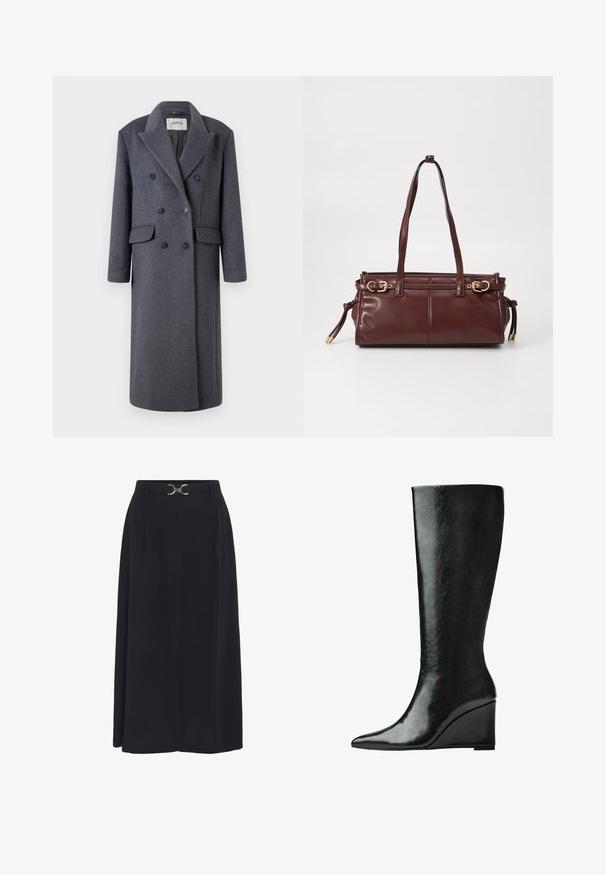 Replay JACKET - Mantel - dark gray; Langsleeve, ronde hals top in crème kleur, gemaakt van zachte stof. Kenmerkt zich door een rechte snit en een minimalistisch ontwerp zonder versieringen.; Zwarte, knie-lange rok van gladde stof, met een hoge tailleband en een zilverkleurige gesp, en plooien voor extra dimensie.; Kniehoge zwarte leren laarzen met een slanke, puntige neus en een wiggle heel. Het oppervlak is glad met een glanzende afwerking.; Bordeaux leren handtas met twee schouderbanden, gouden hardware en een ritsluiting. Heeft een gladde textuur en subtiele stikdetails.