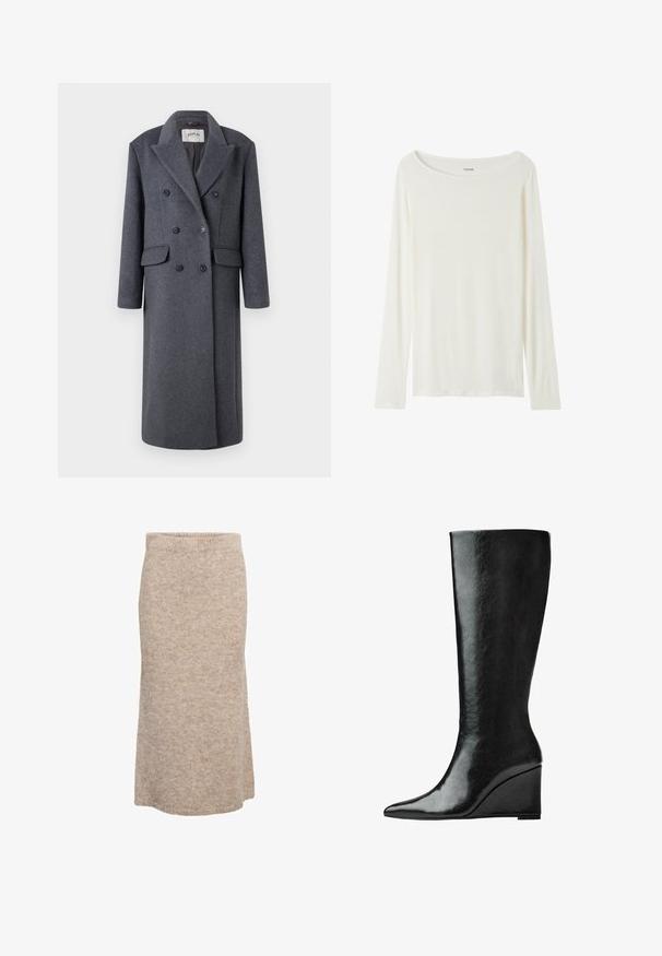 Replay JACKET - Klasický kabát - dark gray; Dlouhý rukáv, top s kulatým výstřihem v krémové barvě, vyrobený z měkké látky. Disponuje rovný střihem a minimalistickým designem bez ozdob.; Béžová vlněná midi sukně s jemnou texturou, elastickým pasem a rovnou siluetou, s decentním melírovaným vzorem.; Černé kožené boty do půlky lýtek s úzkou, špičatou špičkou a klínovým podpatkem. Povrch je hladký s lesklým finišem.