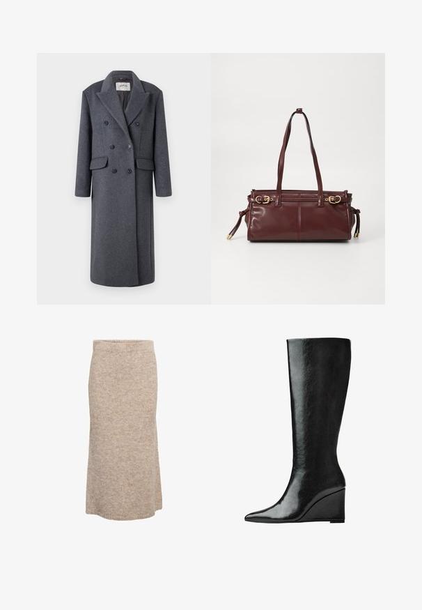 Replay JACKET - Cappotto classico - dark gray; Maglietta a maniche lunghe, colletto rotondo, di colore crema realizzata in tessuto morbido. Presenta una linea diritta e un design minimalista senza decorazioni.; Gonna midi in lana beige con una texture morbida, vita elastica e silhouette dritta, caratterizzata da un sottile motivo melangiato.; Stivali in pelle nera alti fino al ginocchio, con punta affilata e tacco a zeppa. La superficie è liscia con una finitura lucida.; Borsa a tracolla in pelle bordeaux con due manici, hardware dorato e chiusura con zip. Presenta una texture liscia e dettagli di cucitura sottili.