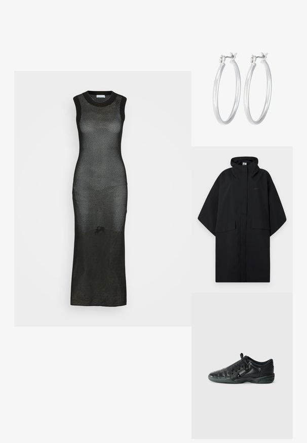 Črni Nike dežnik s kapuco, spredaj z velcro zapiranjem, dvema žepoma s poklopcem in ohlapnimi širokimi rokavi.; Črna brezrokavna maksi obleka iz mrežastega pletenine, ki se ponaša s prilegajočo siloeto in okroglo ovratnikom, ter dolgim stranskim razporkom.; Črne usnjene športne čevlje s kviltanim dizajnom, okroglo konico, vezalnim sprednjim delom in gumijastim podplatom. Imajo subtilno blagovno znamko na strani.; Srebrni obroči za ušesa z gladko, polirano površino. Okrogla oblika in varna zaponka s klikom. Lahka zasnova, primerna za vsakodnevno nošenje.
