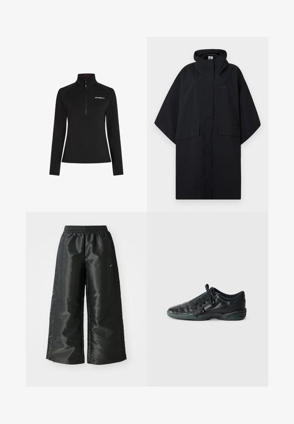 Musta Nike-sateenponcho hupulla, edessä tarrakiinnitys, kaksi läpällistä taskua ja löysät, leveät hihat.; Mustat fleece-hupparit, joissa on neljännesvetoketju ja korkea kaula-aukko. Sisältää pitkät hihat ja valkoisen logon rinnassa. Sujuva tekstuuri.; Mustat urheiluhaut, joissa on kiiltävä ja sileä kangas, elastinen vyötärö, leveät lahkeet ja pieni logo vasemmalla puolella.; Musta nahkakenkä urheilukäyttöön, jossa on päällystetty muotoilu, pyöreä kärki, nauhakiinnitys edessä ja kumipohja. Sivussa on hienovarainen brändäys.
