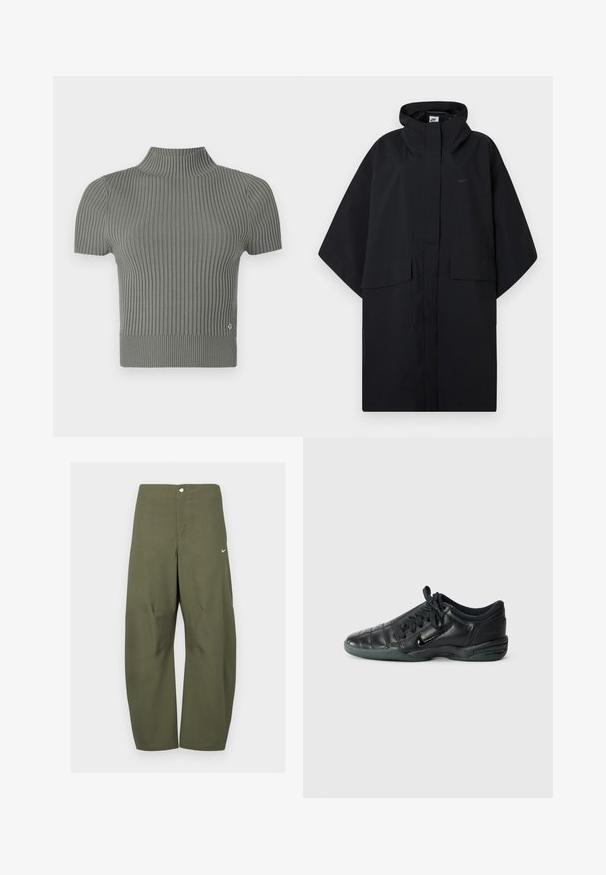 Mustan Nike vihmakindiga poncho, millel on ees velcro kinnitusega sulgemine, kaks klapiga taskut ning laiad ja lohakad varrukad.; Kohandatud lühikeste varrukatega särk pehme halli riidega. Omab kõrget kaelust ja väikest logo aksendit allääres.; Õlivihre värvi laiade jalgadega püksid, mis on tehtud kerge kangaga, esiosas nööbiga kinnitusega ja väikese Nike logoga vasakul poolel.; Must musta spordijalats, millel on kohandatud õmblustega disain, ümar varvas, kinnitusköidik ja kummitald. Küljel on peen brändimine.