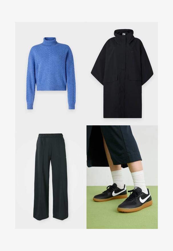 Black Nike rain poncho with hood, front velcro closure, two flap pockets, and loose, wide sleeves.; Cropped blue sweater with a high neck, featuring textured knitted patterns and ribbed cuffs. Made from soft, warm material.; Black, wide-leg athletic pants with an elastic waistband. Made from smooth, stretchy fabric, featuring subtle front seams and no pockets.; Black leather and synthetic sneakers with white Nike swoosh, rubber gum sole, round toe, and black laces. Ribbed white socks visible.