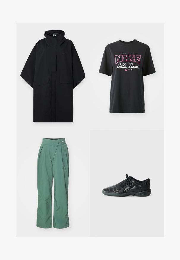 Černý Nike nepromokavý plášť s kapucí, předním suchým zipem, dvěma kapsami s klopou a volnými, širokými rukávy.; Černé bavlněné tričko s grafickým potiskem v růžové a bílé barvě, se sloganem "JUST DO IT", "NIKE" a "Athletic Depart." Standardní střih.; Nike Sportswear TROUSER - Kalhoty - vintage green/light army; Černá kožená sportovní bota s prošívaným designem, zaoblenou špičkou, šněrováním vpředu a gumovou podrážkou. Na boku má nenápadné logo.