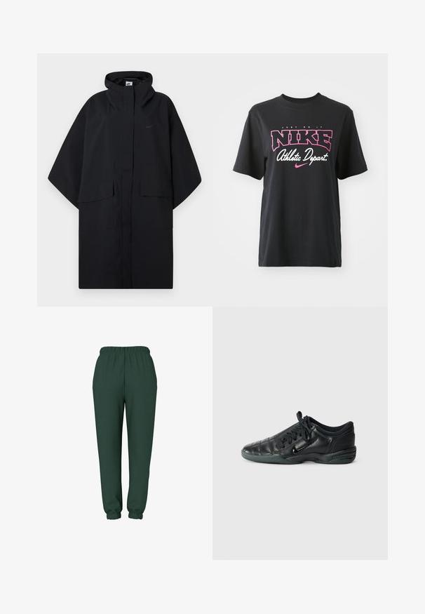 Czarny peleryna przeciwdeszczowa Nike z kapturem, z przodu na rzepy, dwie kieszenie z klapką i luźnymi, szerokimi rękawami.; Czarna bawełniana koszulka z grafiką w różowym i białym kolorze z napisem "JUST DO IT", "NIKE" oraz "Athletic Depart". Standardowy krój.; Ciemnozielone spodnie dresowe z elastycznym paskiem w talii, zwężanymi mankietami i gładkim wykończeniem tekstylnym. Brak widocznych kieszeni i wzorów.; Czarne skórzane buty sportowe z pikowanym wzorem, okrągłym noskiem, sznurowanym przodem i gumową podeszwą. Posiada dyskretne logo z boku.