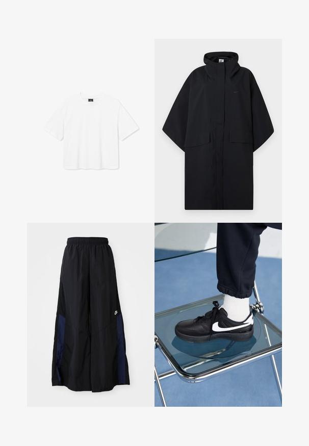 Czarny peleryna przeciwdeszczowa Nike z kapturem, z przodu na rzepy, dwie kieszenie z klapką i luźnymi, szerokimi rękawami.; Biała, krótka koszulka z bawełny, z okrągłym dekoltem i krótkimi rękawami. Prosty design bez wzorów i akcentów.; Czarne spodnie szerokie wykonane z lekkiego materiału, z granatowym bocznym panelem i elastycznym paskiem w talii. Małe białe logo na dole.; Czarne sneakersy Nike z białymi akcentami, charakteryzujące się gładką skórzaną teksturą, zawiązywaną konstrukcją i zaokrąglonym noskiem, umieszczone na szklanym krześle.