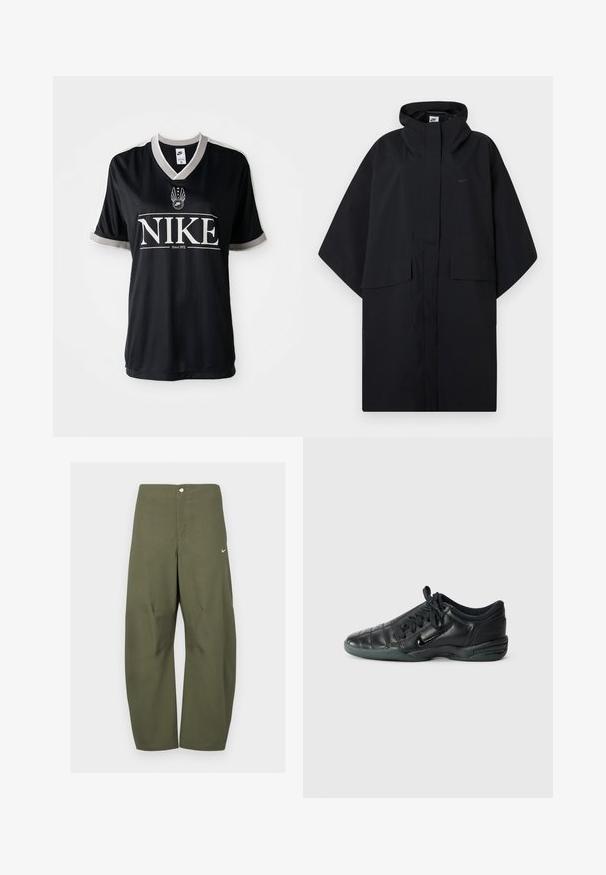 Melnais Nike lietus pončo ar kapuci, priekšējā velcro aizdare, divas kabatas ar atloku un brīvi plašas piedurknes.; Melnā Nike krekls ar īsām piedurknēm, V veida kakla izgriezumu un pelēkiem akcentiem. Uz krūšu ir liels balts "NIKE" logs un emblēma ar spārniem.; Oliv zaļas, platu kāju bikses no viegla auduma ar priekšējo aizdari ar pogām un nelielu Nike logotipu kreisajā pusē.; Melnas ādas sporta kurpes ar kvadrātu dizainu, noapaļots pirksts, aukliņu aizdare priekšpusē un gumijas zole. Satur smalku zīmola simboliku sānos.