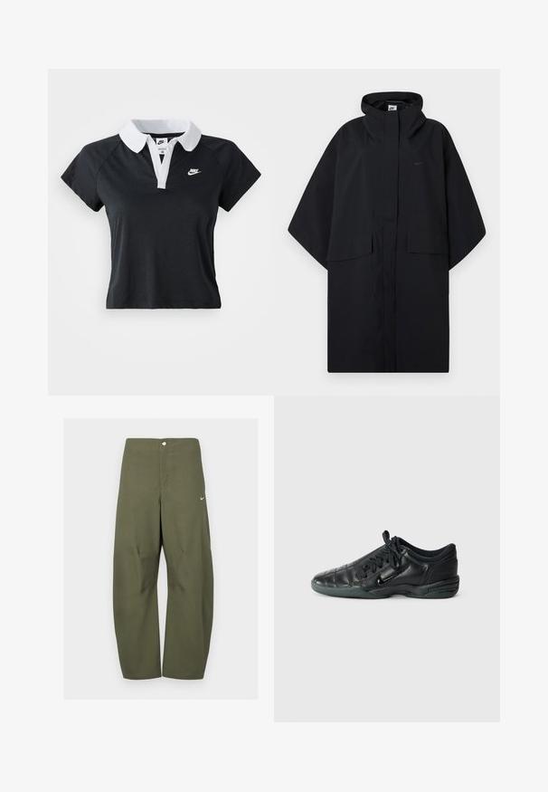 Černý Nike nepromokavý plášť s kapucí, předním suchým zipem, dvěma kapsami s klopou a volnými, širokými rukávy.; Černé polo tričko s krátkým rukávem a bílým límcem, se zapínáním na přední straně, s malým bílým logem Nike na levé hrudi.; Olivově zelené široké kalhoty z lehké látky s předním zapínáním na knoflíky a malým logem Nike na levé straně.; Černá kožená sportovní bota s prošívaným designem, zaoblenou špičkou, šněrováním vpředu a gumovou podrážkou. Na boku má nenápadné logo.