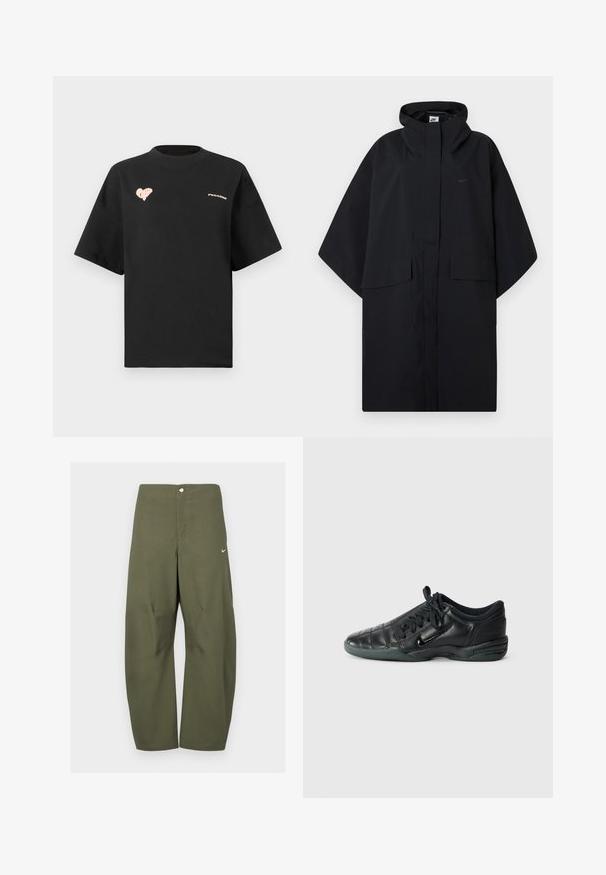 Črni Nike dežnik s kapuco, spredaj z velcro zapiranjem, dvema žepoma s poklopcem in ohlapnimi širokimi rokavi.; Črna bombažna majica s kratkimi rokavi in okroglim ovratnikom, ki na sprednji strani prikazuje roza srčni grafični motiv ter besedilo "PEGAADOR".; Olivne zelene široke hlače iz lahkega blaga, z gumbom spredaj in majhnim logotipom Nike na levi strani.; Črne usnjene športne čevlje s kviltanim dizajnom, okroglo konico, vezalnim sprednjim delom in gumijastim podplatom. Imajo subtilno blagovno znamko na strani.