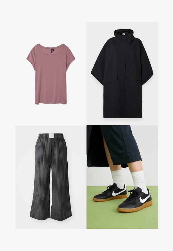 Zwarte Nike regenponcho met capuchon, voorzijde met klittenbandsluiting, twee klepzakken en losse, wijde mouwen.; Lichtroze t-shirt met korte mouwen, gemaakt van zachte stof, met een ronde hals en een losse pasvorm, zonder zichtbare patronen of texturen.; Zwart-grijze gestreepte wijde broek met een elastische tailleband en een Nike-logo label op de achterkant. Lichtgewicht stof, losse pasvorm.; Zwarte leren en synthetische sneakers met witte Nike swoosh, rubberen gumzool, ronde neus en zwarte veters. Geribbelde witte sokken zichtbaar.
