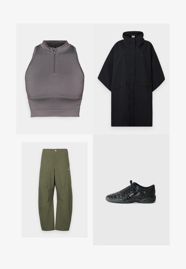 Sort Nike regnponcho med hætte, frontlukning med velcro, to klaplommer og løse, brede ærmer.; Grå atletisk crop top med lynlås i halsen, struktureret mønster, tætsiddende design og en glat finish ved kanten og armhulen.; Olivengrønne bukser med vide ben lavet af let stof, med knaplukning foran og en lille Nike-logo på venstre side.; Sorte læder sportssko med quiltet design, rund tå, snørret foran og gummisål. Har subtil branding på siden.