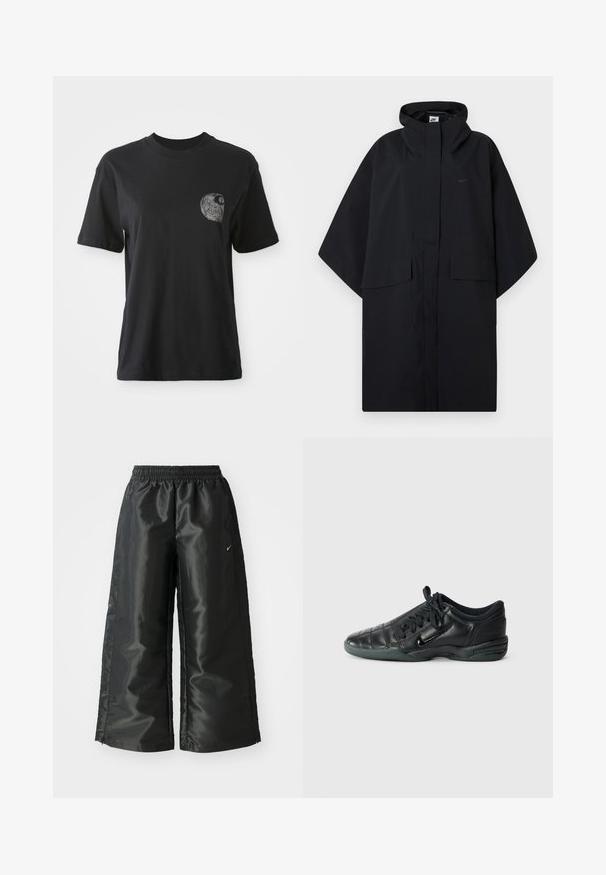 Poncho da pioggia nero Nike con cappuccio, chiusura frontale in velcro, due tasche con pattina e maniche larghe e morbide.; T-shirt nera in cotone con collo girocollo e maniche corte, caratterizzata da una grafica testurizzata di un design a spirale nell'area della tasca sul lato sinistro del petto.; Pantaloni sportivi neri con un tessuto lucido e morbido, dotati di una vita elasticizzata, gambe larghe e un piccolo logo sul lato sinistro.; Scarpa sportiva in pelle nera con un design trapuntato, punta rotonda, allacciatura frontale e suola in gomma. Presenta un marchio discreto sul lato.