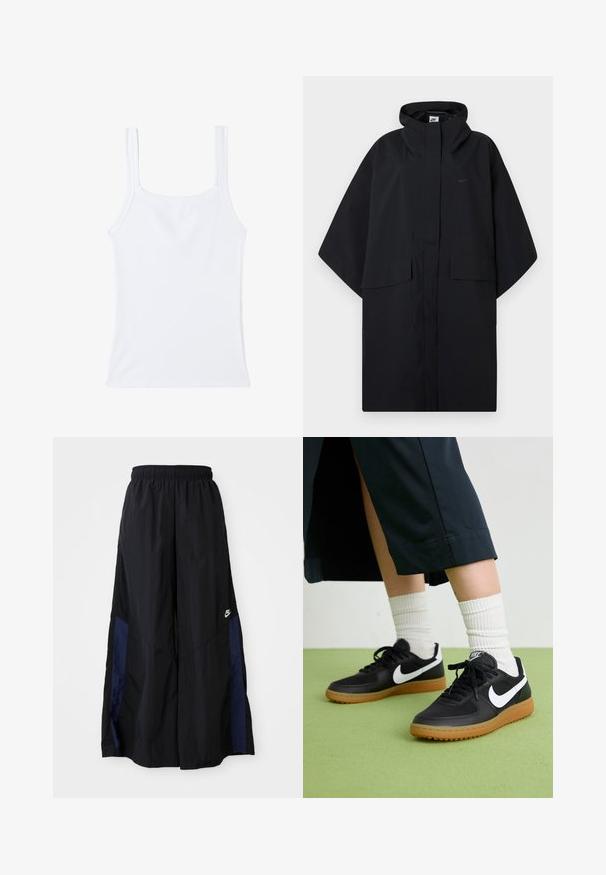 Schwarzer Nike Regenponcho mit Kapuze, vorderem Klettverschluss, zwei Klappentaschen und lockeren, weiten Ärmeln.; Weißes geripptes Tanktop mit quadratischem Ausschnitt und dünnen Trägern. Der Stoff ist glatt mit einem leichten Stretch und hat keine sichtbaren Muster.; Schwarze weit geschnittene Hose aus leichtem Stoff, mit einem dunkelblauen Seitenpanel und einem elastischen Bund. Kleines weißes Logo am unteren Ende.; Schwarze Leder- und synthetische Sneakers mit weißem Nike-Swoosh, Gummisohle, runder Spitze und schwarzen Schnürsenkeln. Gestreifte weiße Socken sind sichtbar.