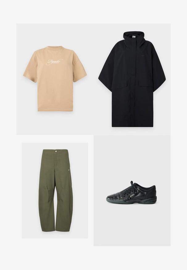 Black Nike rain poncho with hood, front velcro closure, two flap pockets, and loose, wide sleeves.; Beige cotton t-shirt with short sleeves, round neckline, and white cursive text on the front reading "Pegador Dreams Come True."; Olive green, wide-leg pants made of lightweight fabric, featuring a front button closure and a small Nike logo on the left side.; Black leather athletic shoe with a quilted design, rounded toe, lace-up front, and rubber sole. Features subtle branding on the side.