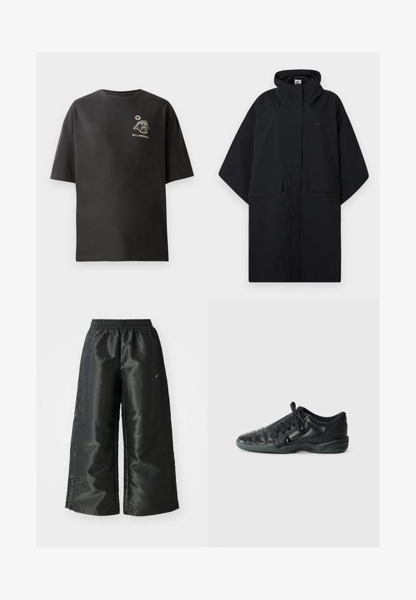 Svart Nike regnponcho med hette, frontlukk med borrelås, to klafflommer og vide, løse ermer.; Svart t-skjorte med korte ermer som har en liten hvit Billabong-logo og grafikk på brystet. Laget av myk bomull med en avslappet passform.; Svarte treningsbukser med en blank, glatt stoff, som har et elastisk liv, vide ben og en liten logo på venstre side.; Svarte lær idrettssko med en quiltert design, rund tå, snøring foran og gummisåle. Har diskret merkevare på siden.