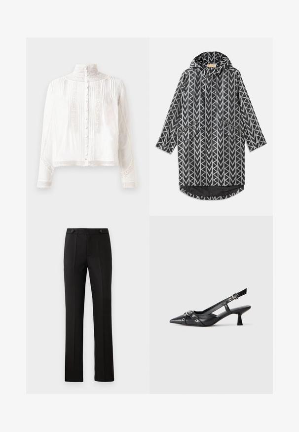Mustan ja valkoisen geometrian kuvioidud vihmavari, jossa on kapuuts, vetoketjulliset taskud ja pitkä, suora muotoilu pidemmällä takapoolisel.; Valge blousee kõrge kaelusega, pikkade varrukatega, vertikaalsete voldikute, pitsi aktsentide ja nööpidega eest sulgemisega. Kerge kangas poolläbipaistva tekstuuriga.; Mustad kohandatud püksid sirge säärega, kahe esipocketiga, nup closure'iga ja volditud detailidega ees. Sile kangatekstuur.; Must must have must toote tõmblukuga, dekoratiivsed rihmad metallist silmadega ja madal blokk-kand. Tekstureeritud pind.
