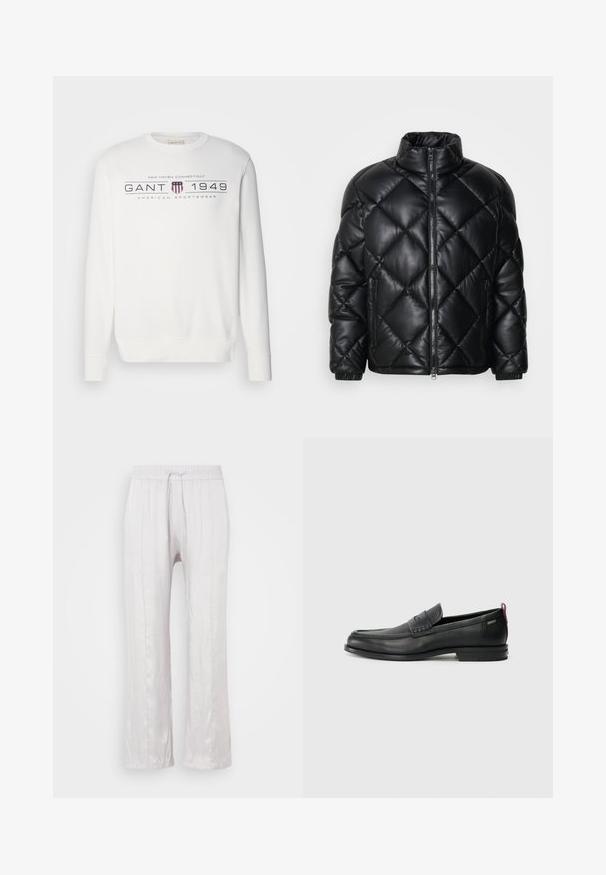 Mustmust koonusjakk kõrge kraega, esiküljel lukuga ja külgedel lukuga taskud, valmistatud siledast siidisest materjalist.; Valge pika varrukaga dressipluus, ümar kaelus ja soonikkoes varrukate äärtes. Sisel on tekst "GANT 1949" ja logo tumepunases ja punases.; Heledad hallikas, vabalt langev püksid siledast kangast, millel on elastne vöökoht ja kinnitusnöör. Sirged jalad peente voldikute ja ilma nähtavate mustriteta.; Mustad mustad nahast loafers tekstuuriga esipaneeli ja siledate külgedega. Omab peent kand ja tagumist silmust lihtsaks selga panemiseks. Klassikaline disain.