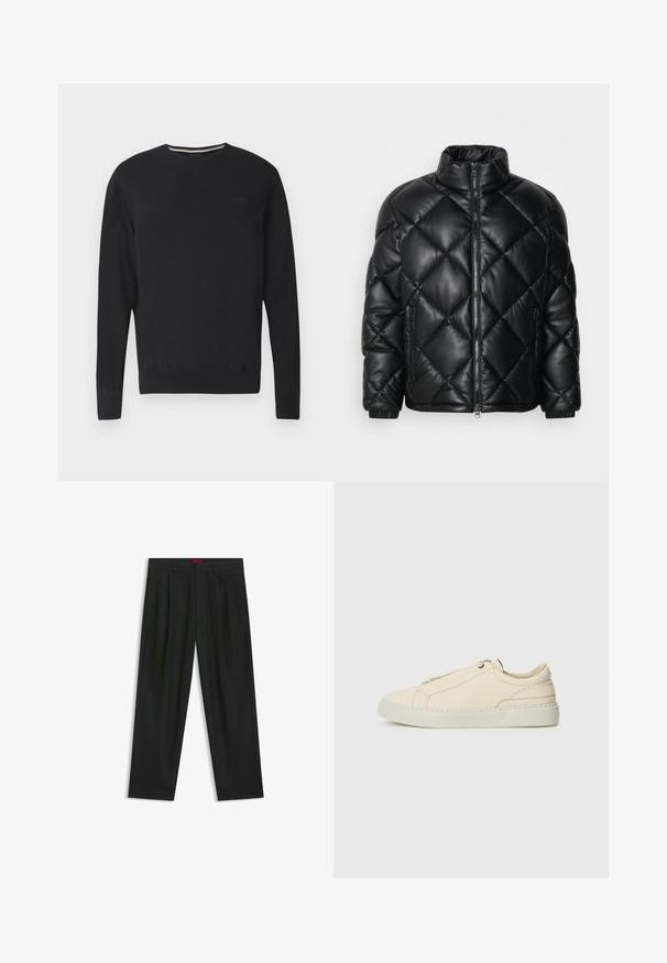 Black quilted puffer jacket with high collar, front zipper, and zippered side pockets, made of smooth shiny material.; Black long-sleeve crew neck sweater with subtle "BOSS" logo on chest, ribbed cuffs and hem, displayed on white background.; Black trousers with a pleated design, wide leg shape, and a smooth texture. Features a red waistband tag.; Beige leather sneaker with a rounded toe, minimalistic design, subtle stitching details, and a textured upper, on a light sole.