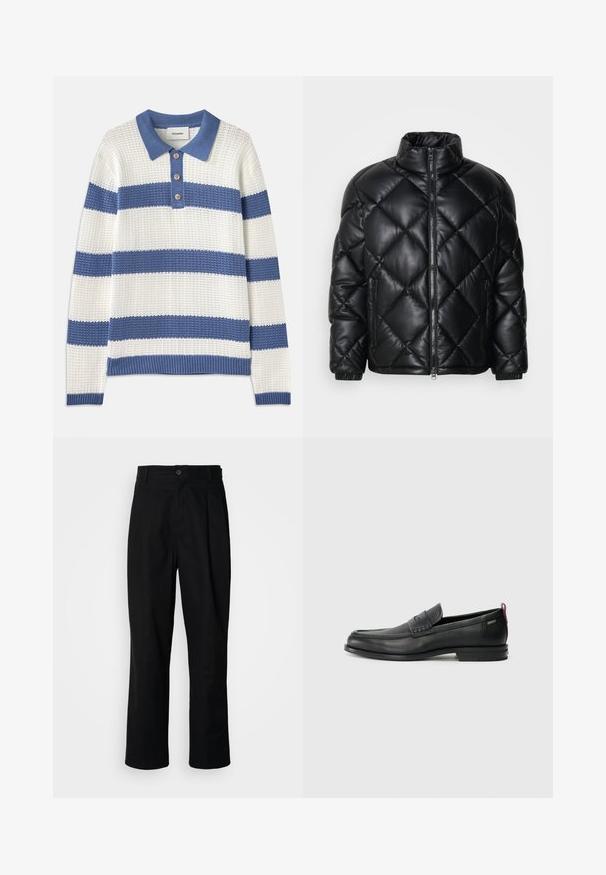 Black quilted puffer jacket with high collar, front zipper, and zippered side pockets, made of smooth shiny material.; Pullover in white and blue horizontal stripes, knit texture, collared with three buttons. Ribbed cuffs and hem, relaxed fit.; Black straight-leg trousers with a buttoned waistband, belt loops, and front crease, displayed against a plain white background.; Black leather loafers with a textured front panel and smooth sides. Features a slim heel and rear loop for easy wear. Classic design.